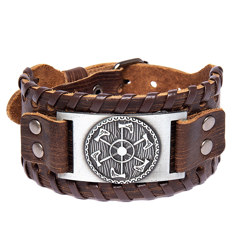Vòng Tay Dây Da Bện Mặt Kim Loại Khắc Hình La Bàn Phong Cách Bắc Âu Thời Trang Cho Nam