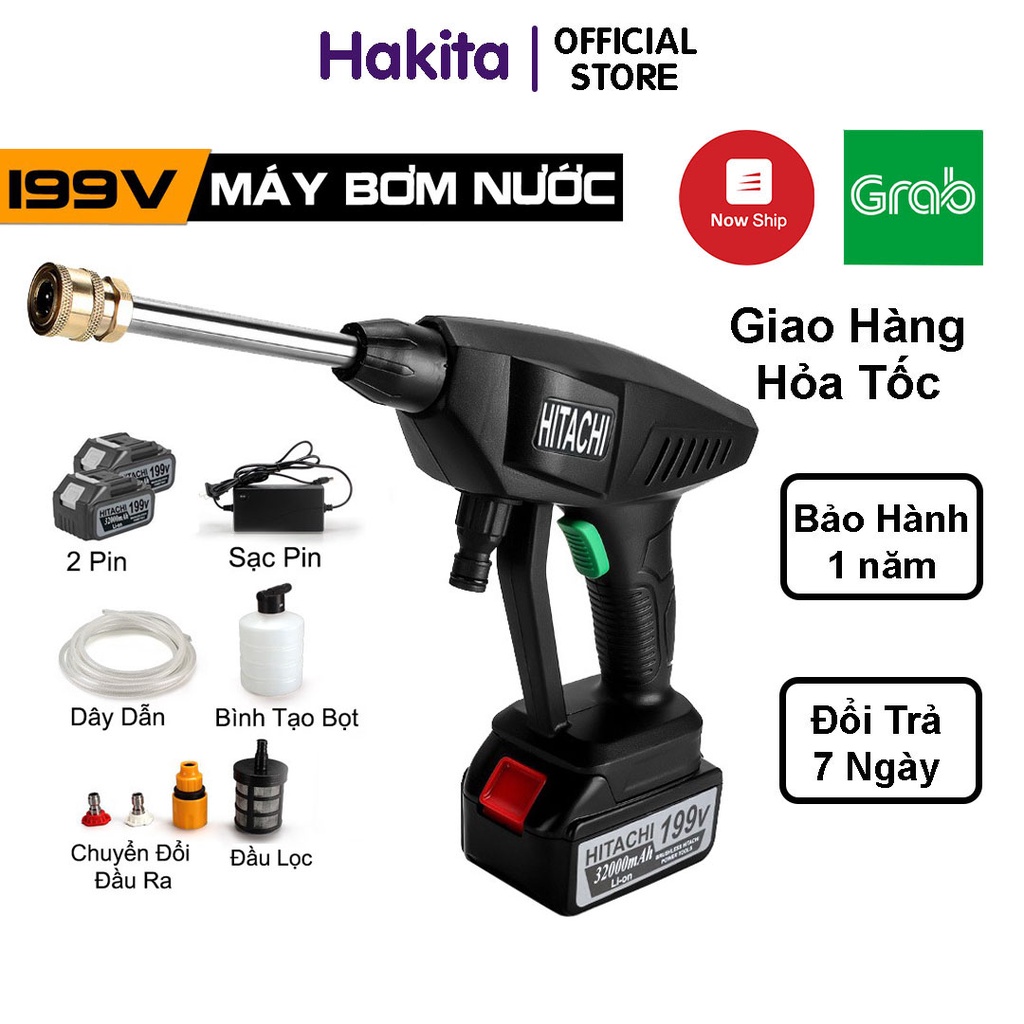 Máy Rửa Xe Dùng Pin Hitachi 199V – Công suất 1400W – Máy Bơm Nước Đa Năng – Rửa Xe, Tưới Cây – Bảo Hành 12 Tháng