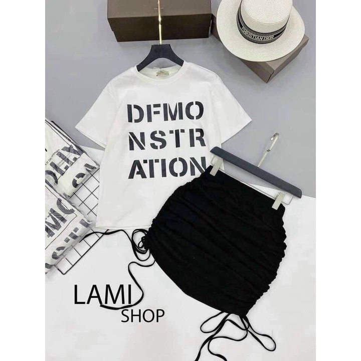 [Miễn Phí Ship 2022] SET VÁY BODY ÔM RÚT DÂY PHỐI ÁO THUN IN CHỮ CÁ TÍNH, KÈM ẢNH THẬT