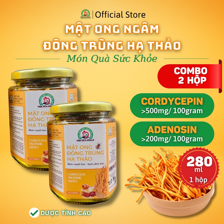 Combo 2 hộp Mật ong ngâm Đông trùng hạ thảo Nguyên Phát hộp 250ml cao cấp - Bồi bổ cơ thể - Tăng sức đề kháng - Nấu canh