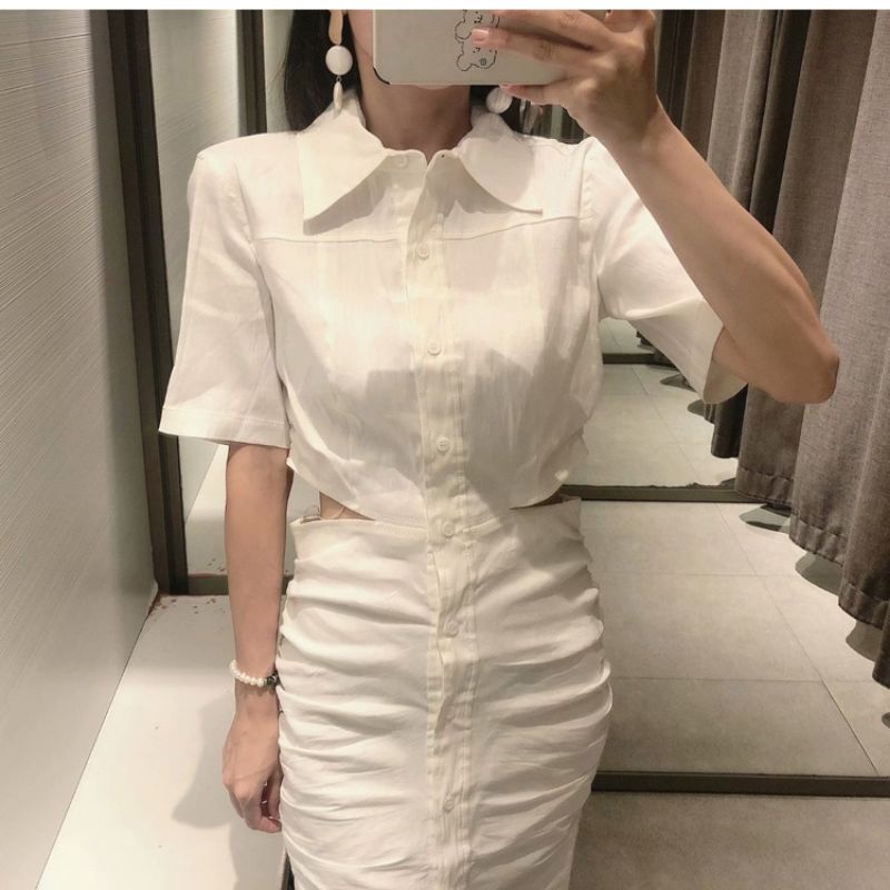 Váy sơ mi ngắn tay khoét eo ZR
