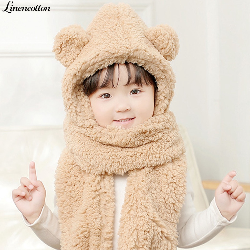 Nón kiêm khăn choàng cổ và găng tay bằng cotton lanh chống lạnh hình gấu dễ thương cho bé