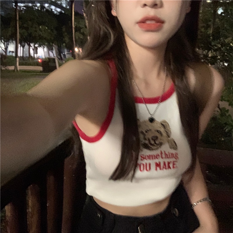 Áo dệt kim ZHELIHANGFEI hai dây siêu ngắn thêu hình gấu quyến rũ cho nữ