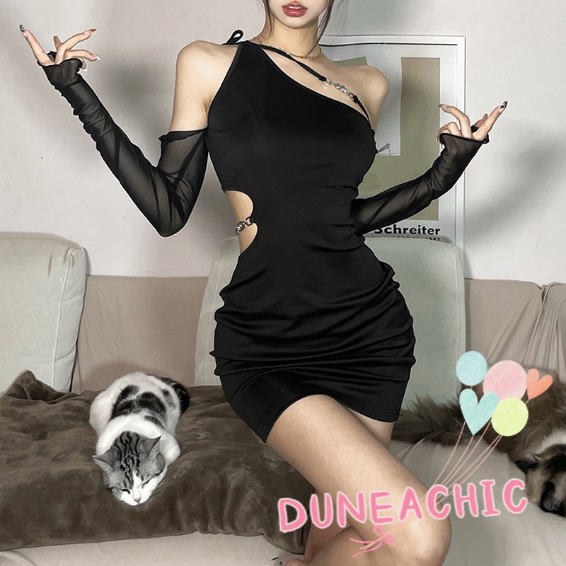 DUNEA Đầm Trễ Vai Phối Lưới Hở Lưng Quyến Rũ Thời Trang Dành Cho Nữ