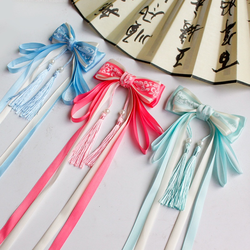 Dây Cột Tóc Nơ Ruy Băng Sứ Trắng Xanh AKKU