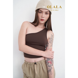 OLALASTUDIO Áo sát nách hở vai 1 bên màu nâu đậm Lapis One - shoulder