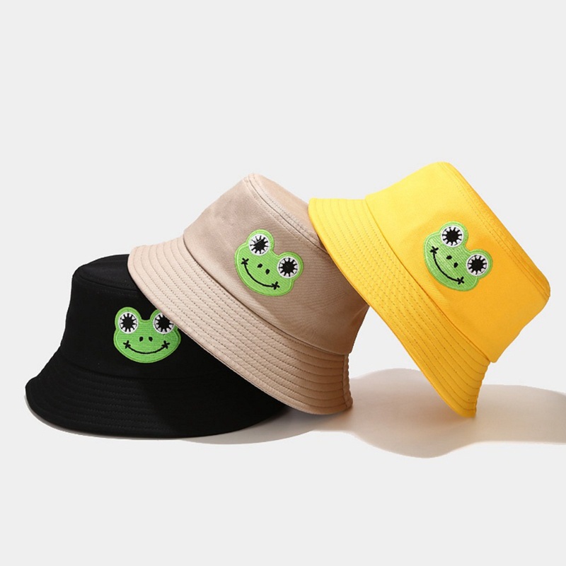 Han Nón Bucket Rộng Vành Cotton Nhãn Dán Ếch Hoạt Hình Có Thể Gập Lại C