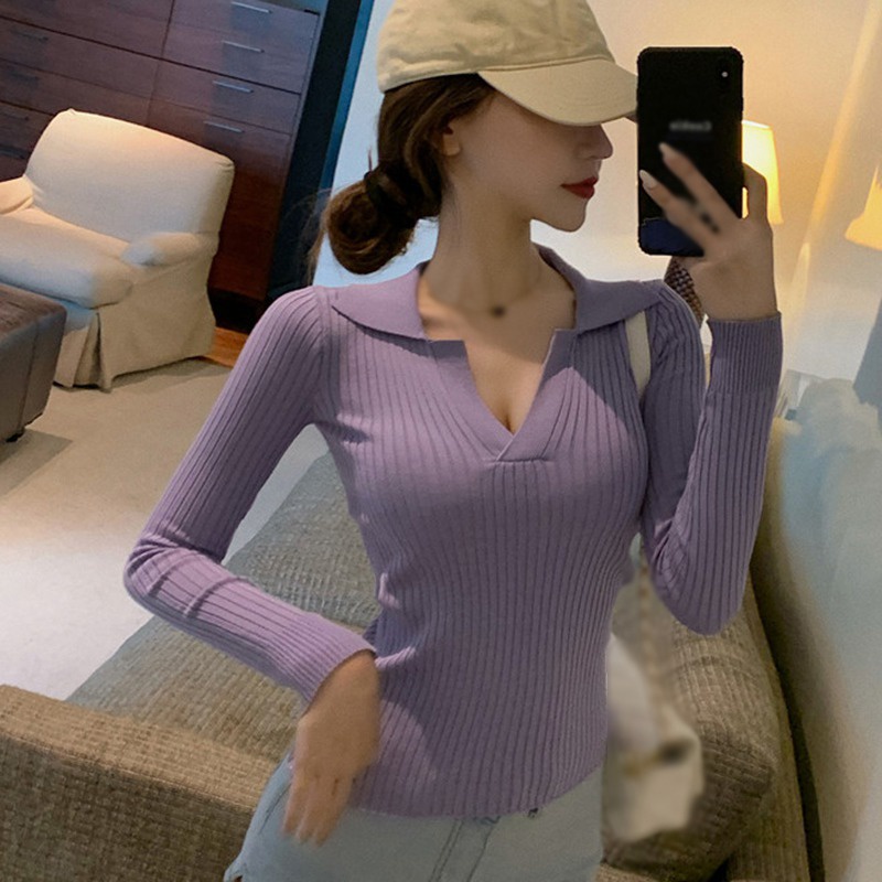 Áo dệt kim tay dài màu sắc thanh lịch