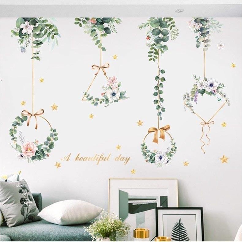 Decal dán tường ⚡️𝐅𝐑𝐄𝐄 𝐒𝐇𝐈𝐏⚡️ Tranh dán lẵng hoa treo thiên nhiên - PVC chống thấm nước, keo siêu dính