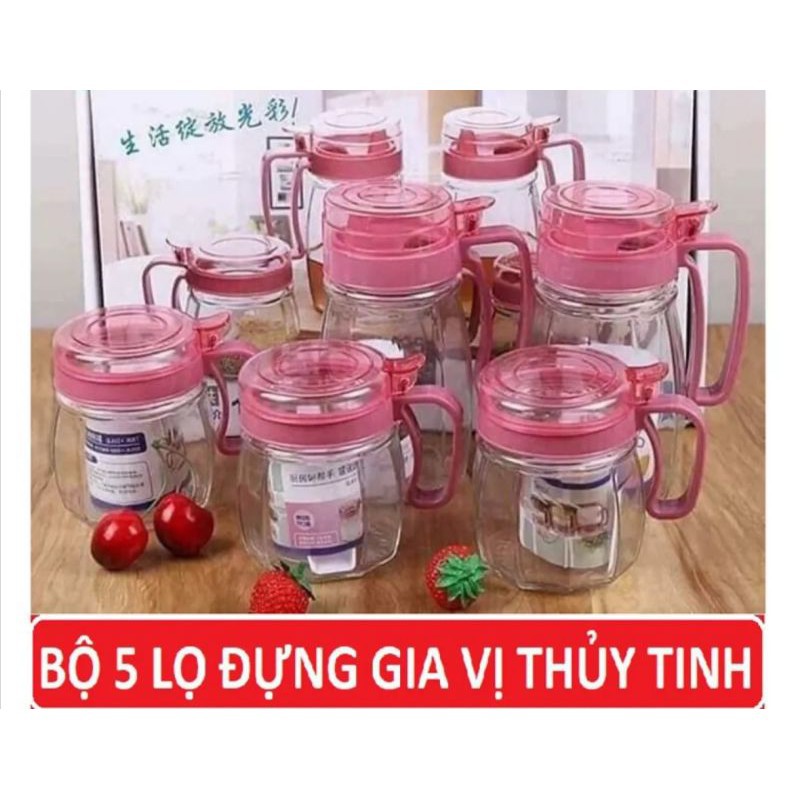 Bộ 5 Hủ Thuỷ Tinh Đựng Gia Vị, Bộ Gia Vị Thủy Tinh 5 Món Có Tay Cầm