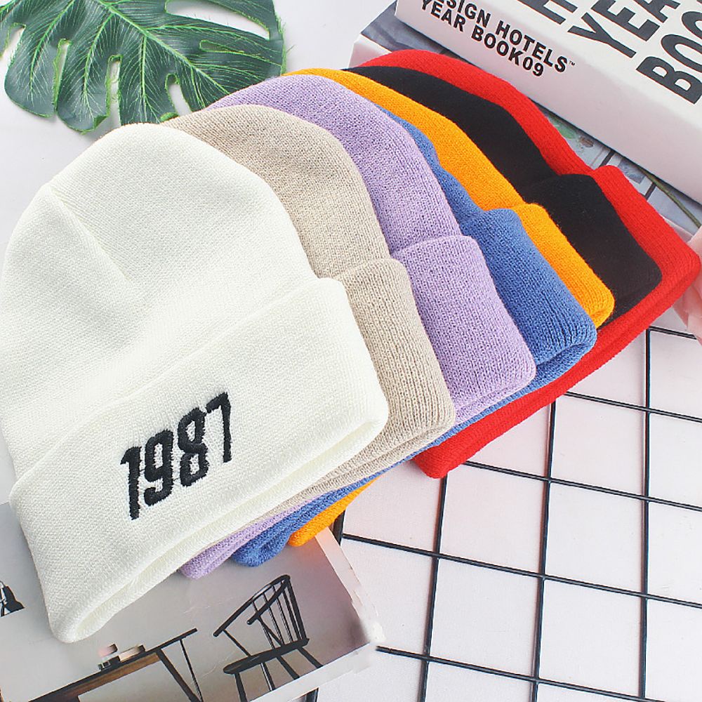 Mũ beanie giữ ấm thêu chữ số 1987 màu trơn dễ thương cho nữ
