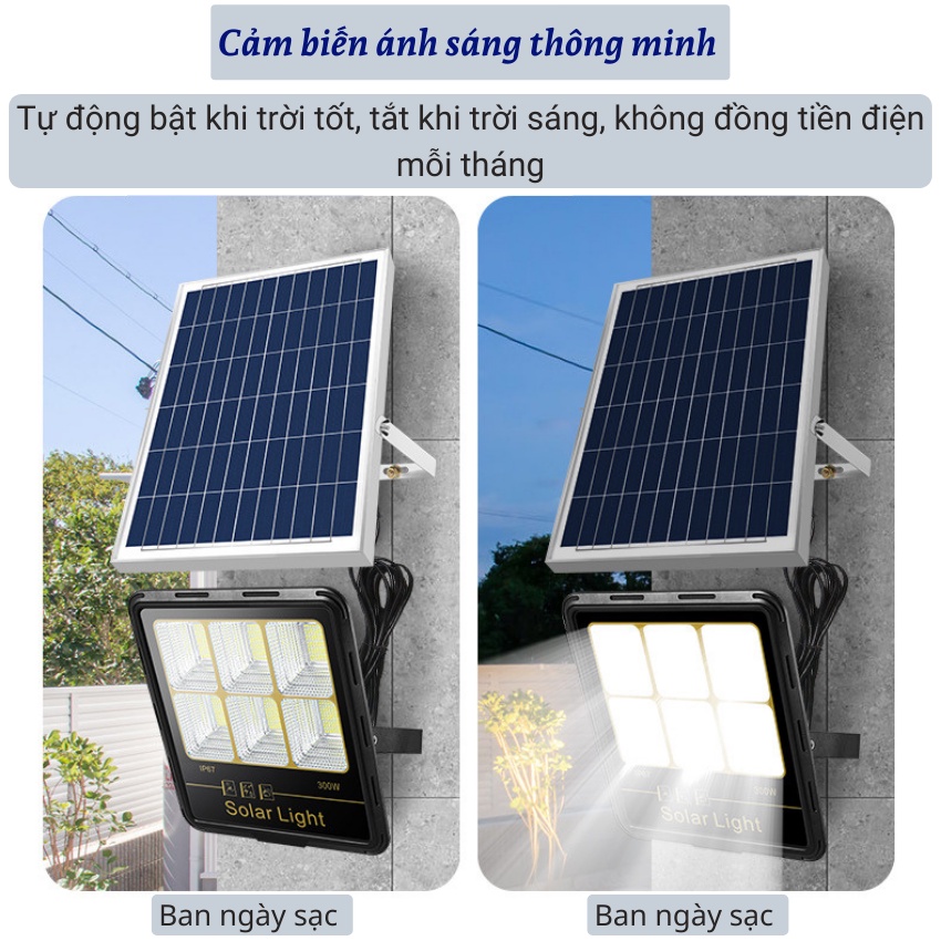 Đèn năng lượng mặt trời trang trí sân vườn, đèn pha 300W,6 khoang led siêu sáng, cảm biến ánh sáng, có điều khiển, IP67