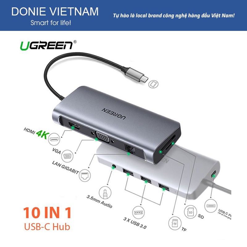 Cáp Chuyển Ugreen 10 in 1 80133 USB Type-C Sang HDMI, VGA, SD,TF, Audio 3.5mm 3 USB 3.0, Lan 1Gbps Chính Hãng