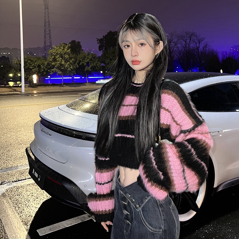 LALISAS Áo Dệt Kim Dáng Rộng Ngắn Họa Tiết Kẻ Sọc Màu Sắc Tương Phản Phong Cách Hàn