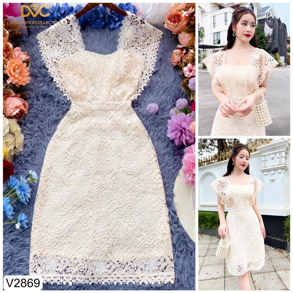 Váy chữ A ren kem cánh tiên cổ vuông siêu xinh V2869