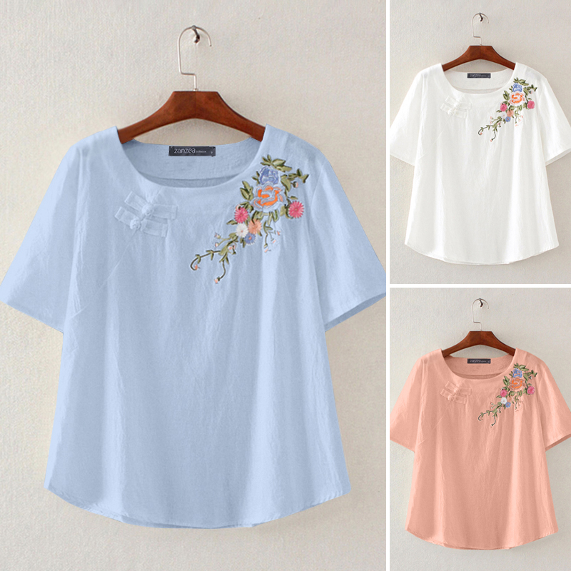 Áo blouse ZANZEA thêu hoa tay ngắn cổ tròn rộng rãi thông thường