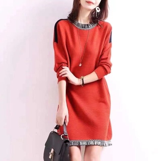 Đầm Dệt Kim Dáng Chữ a Cổ Tròn Tay Cánh Dơi Màu Sắc Tương Phản Thời Trang Thu Đông Cho Nữ