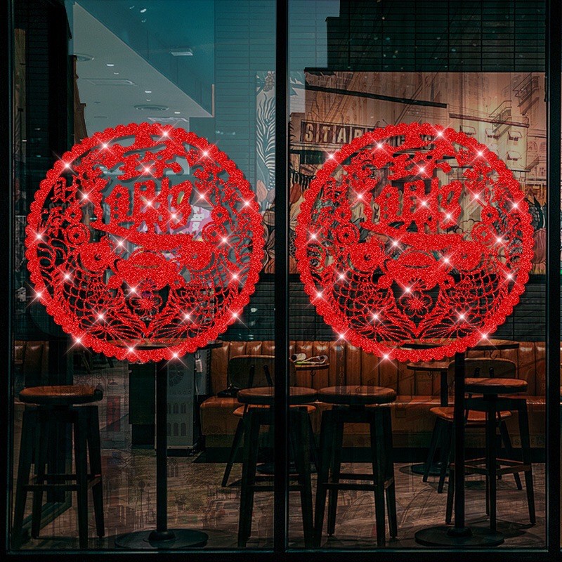 Decal trang trí Tết - Vòng tròn Cặp cá chép với thổi vàng nhũ kim tuyến đỏ