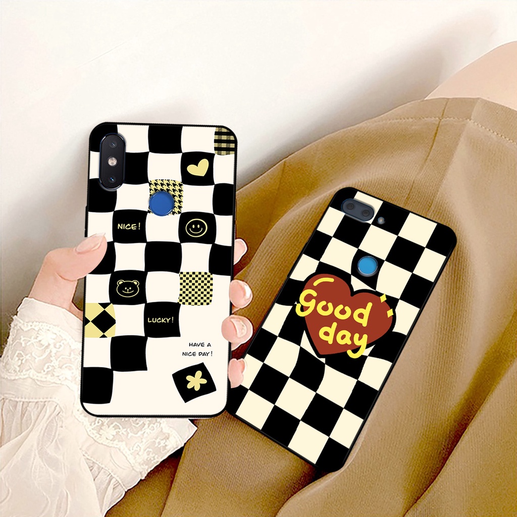 Ốp lưng Xiaomi Mi 8 - Mi 8 SE - Mi 8 Lite in hoạ tiết caro trái tim đen trắng, gấu bear cute đáng yêu
