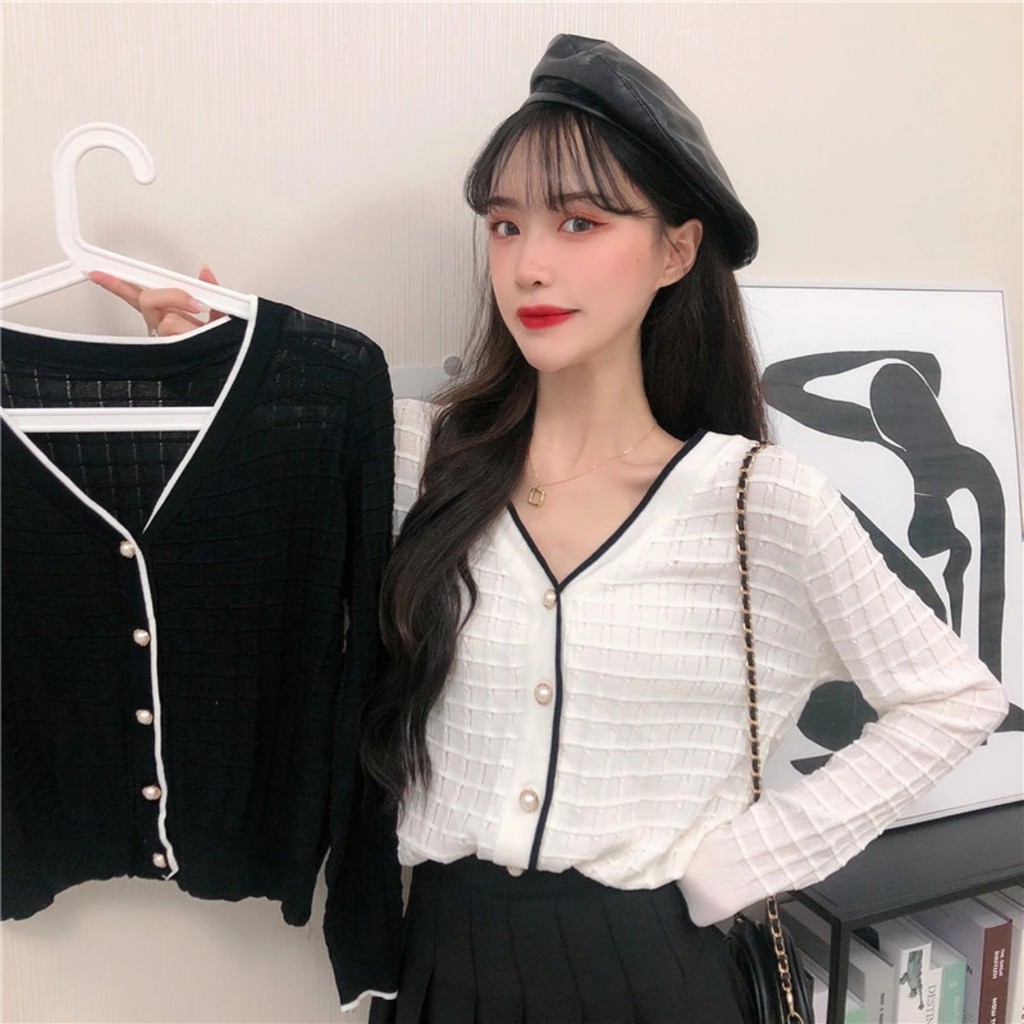 CHIKITO | Áo Len Cardigan Tay Dài Cổ V - Áo Kiểu Khoác Croptop Quảng Châu 2 Màu Trắng - Đen Kiểu Dáng Ulzzang