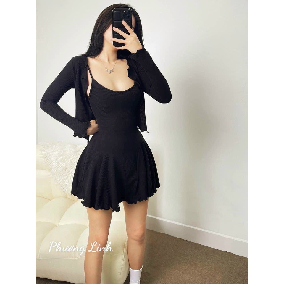 Set đầm hai dây xòe kèm áo khoát cardigan tay dài trẻ trung năng động chất thun gân