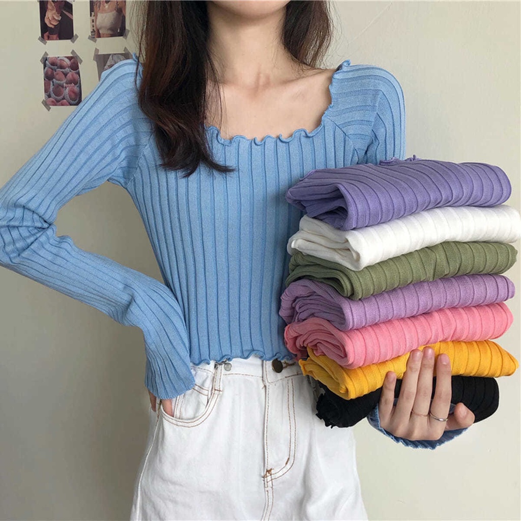 Áo len Dài Tay Trễ Vai Xinh Xắn Theo Phong Cách Hàn Quốc