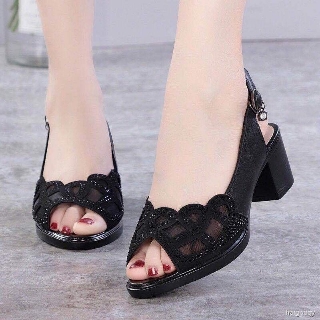 Giày sandal gót cao da mềm phối lưới hở mũi thời trang thanh lịch cho nữ