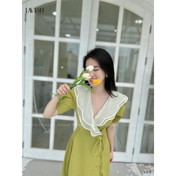 Váy Phối Cổ Bèo Cúc Bọc Buộc Eo