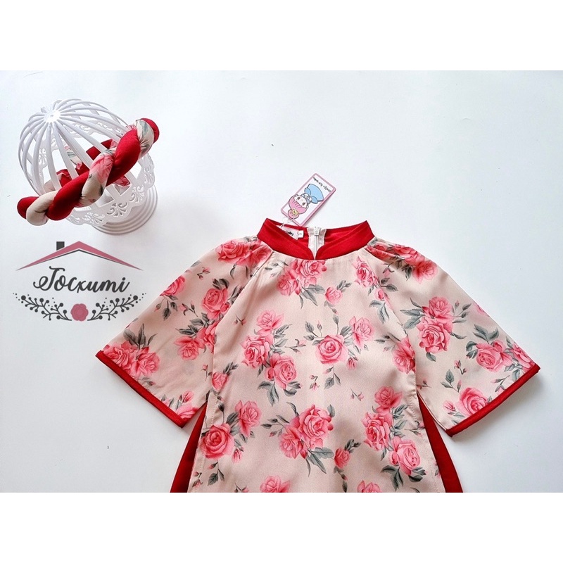 Set áo dài đỏ lụa tằm hoa hồng cao cấp - Tocxumi