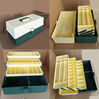 Hộp dụng cụ, thùng đựng đồ nghề 3 tầng xếp gọn, nắp màu kem, khóa cài, quai xách. Vách ngăn cố định. 41x20x20cm.