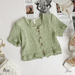 Áo sơ mi xanh lá nhắn cổ tròn tay cộc thân croptop