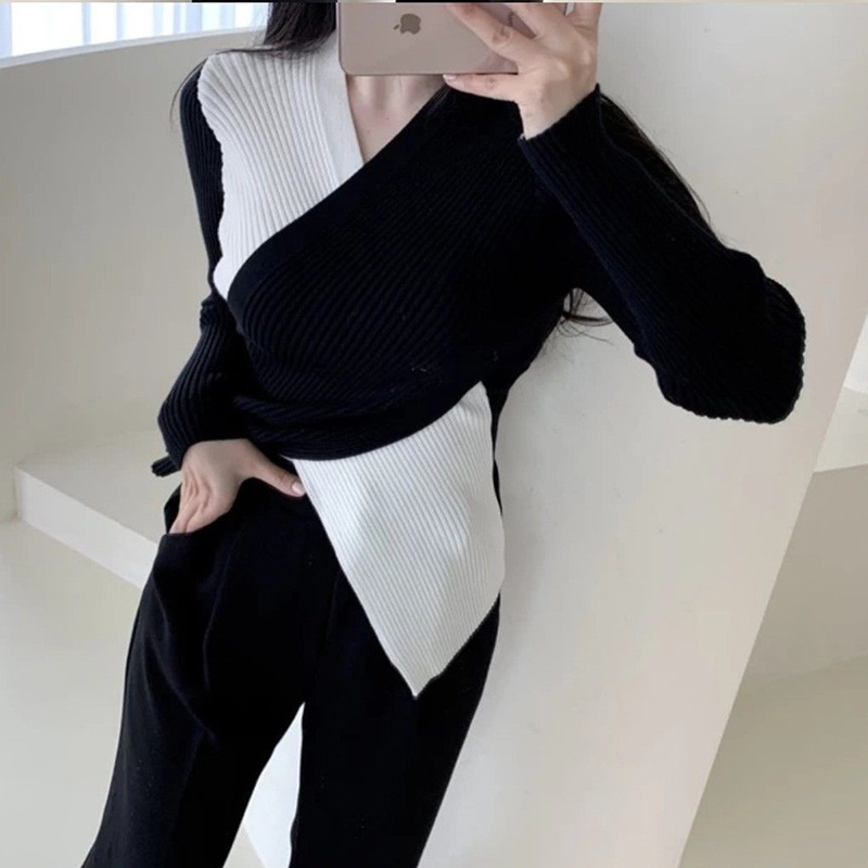 IELGY    Ladies V-neck Contrast Color Waist Irregular Knitted Sweater Long Sleeve
