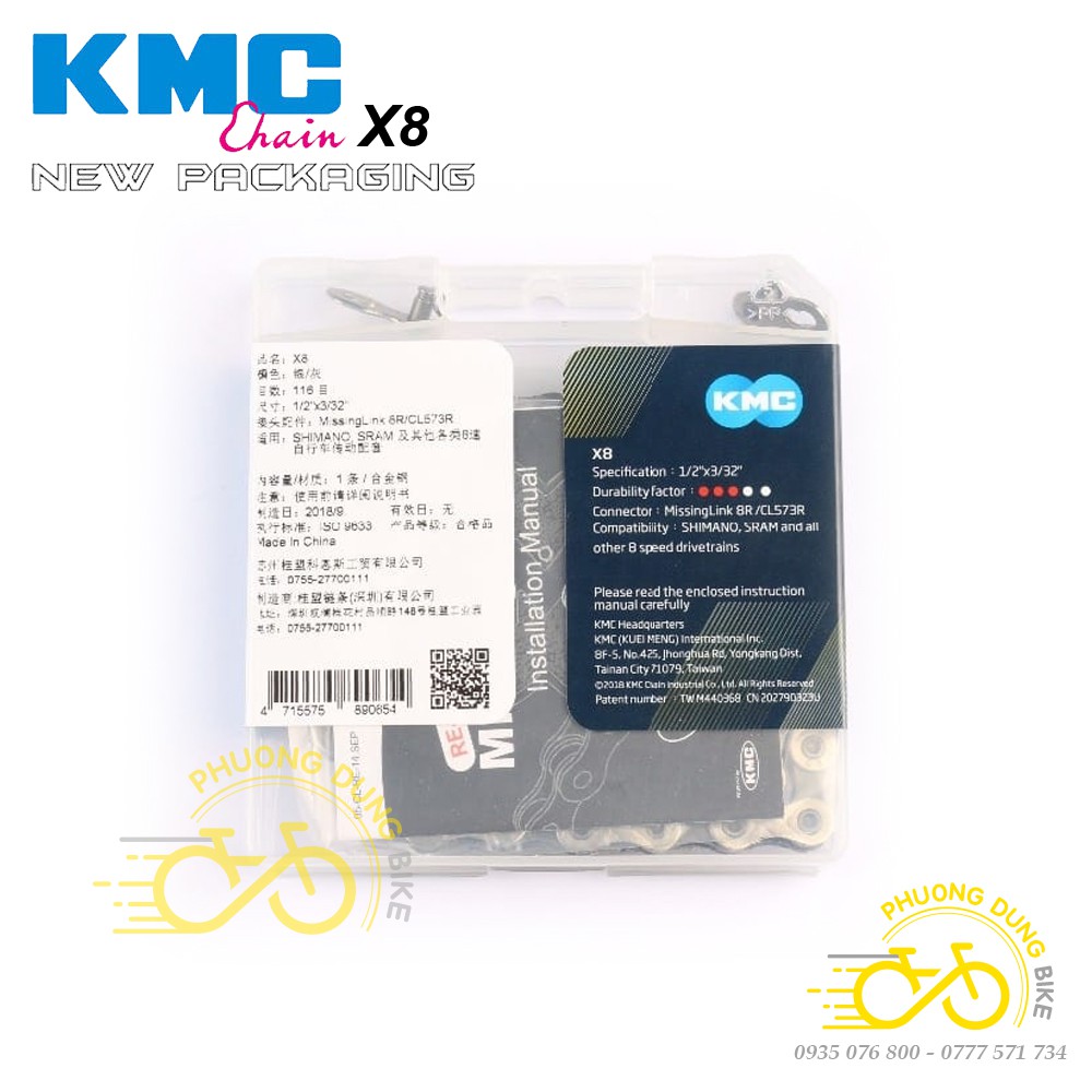 Xích sên xe đạp KMC X8 116L 8 Speed - Fullbox Chính Hãng