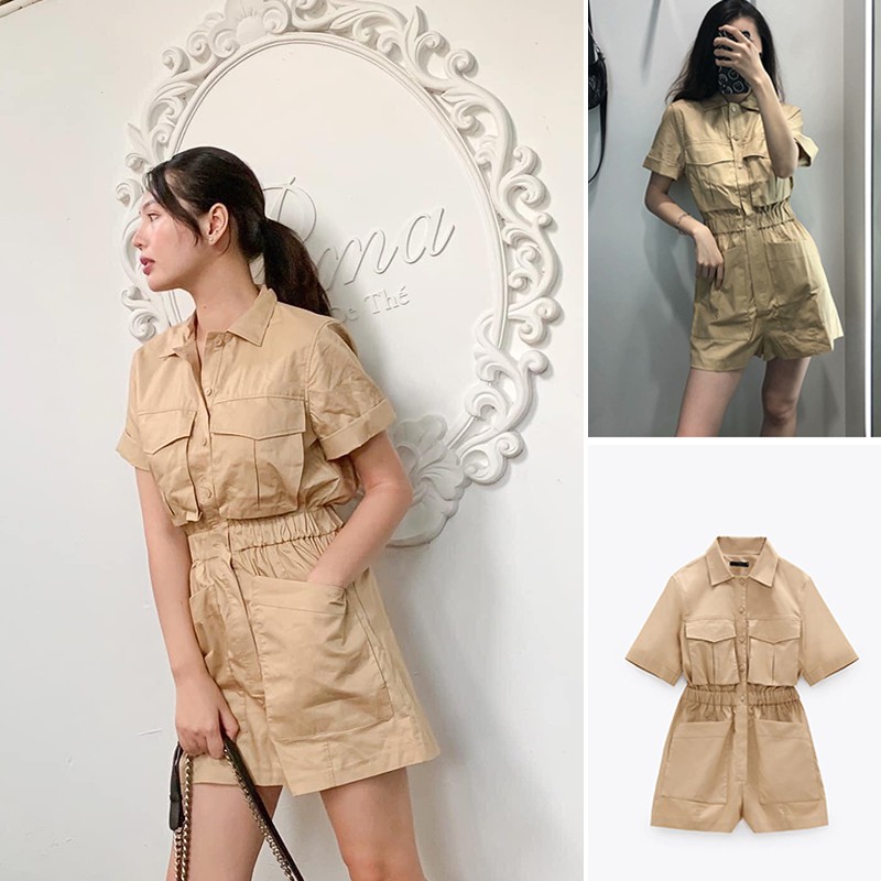 PLAYSUIT ZRA NỮ CÓ TÚI MÀU NÂU