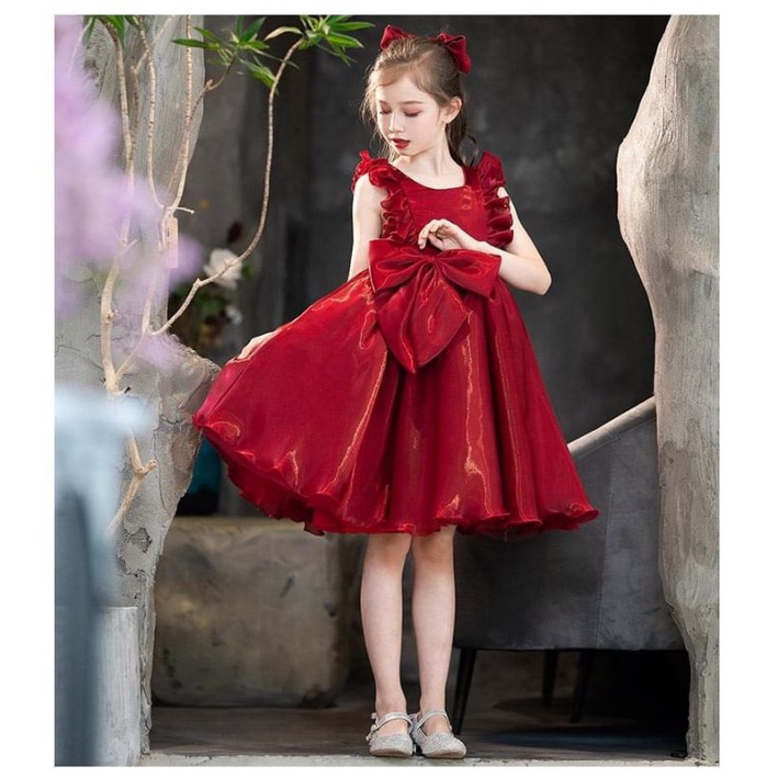 Đầm tiểu thư ren đỏ vải đũi mềm lót vải cotton cho bé gái diện lễ tết Noel