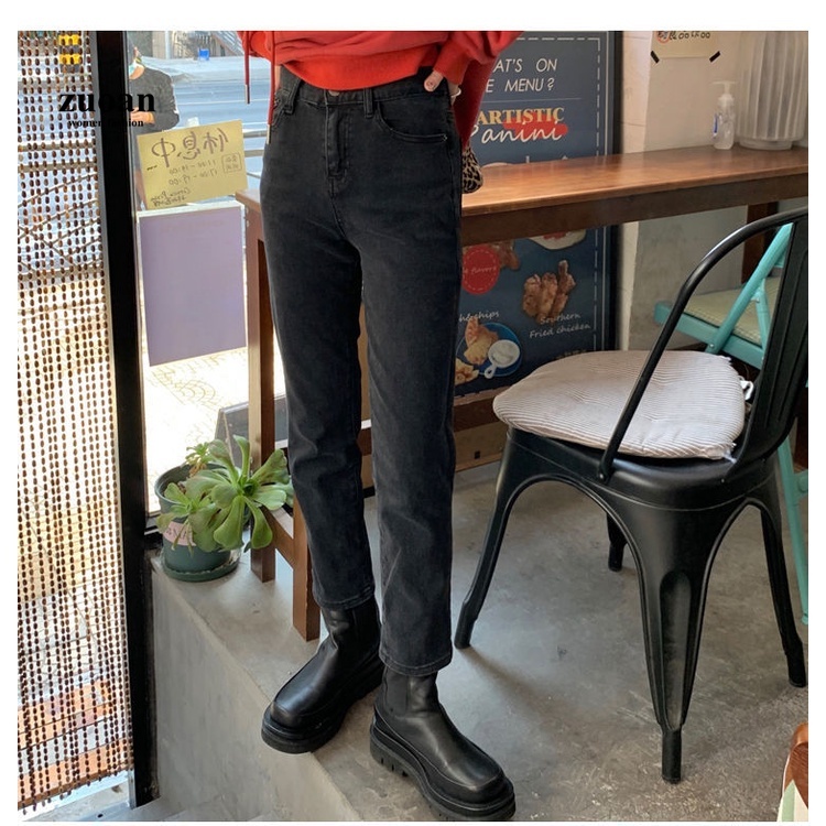 SUXI Quần jean dài lưng cao ống rộng màu đen phong cách Hàn Quốc trẻ trung hợp thời trang