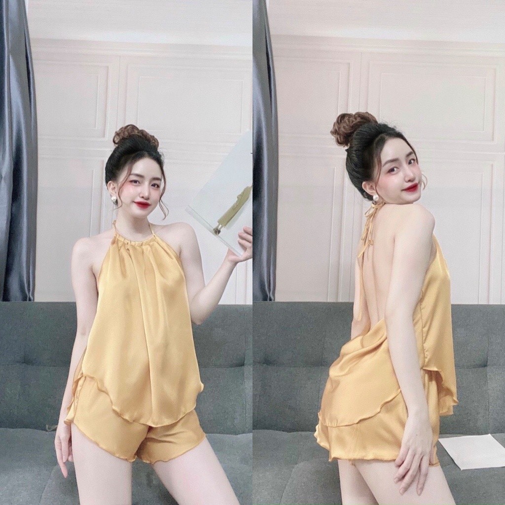 Đồ ngủ sexy đồ ngủ 2 dây cổ yếm hở lưng chất satin mịn xinh xắn freesize - linqu sleepwear