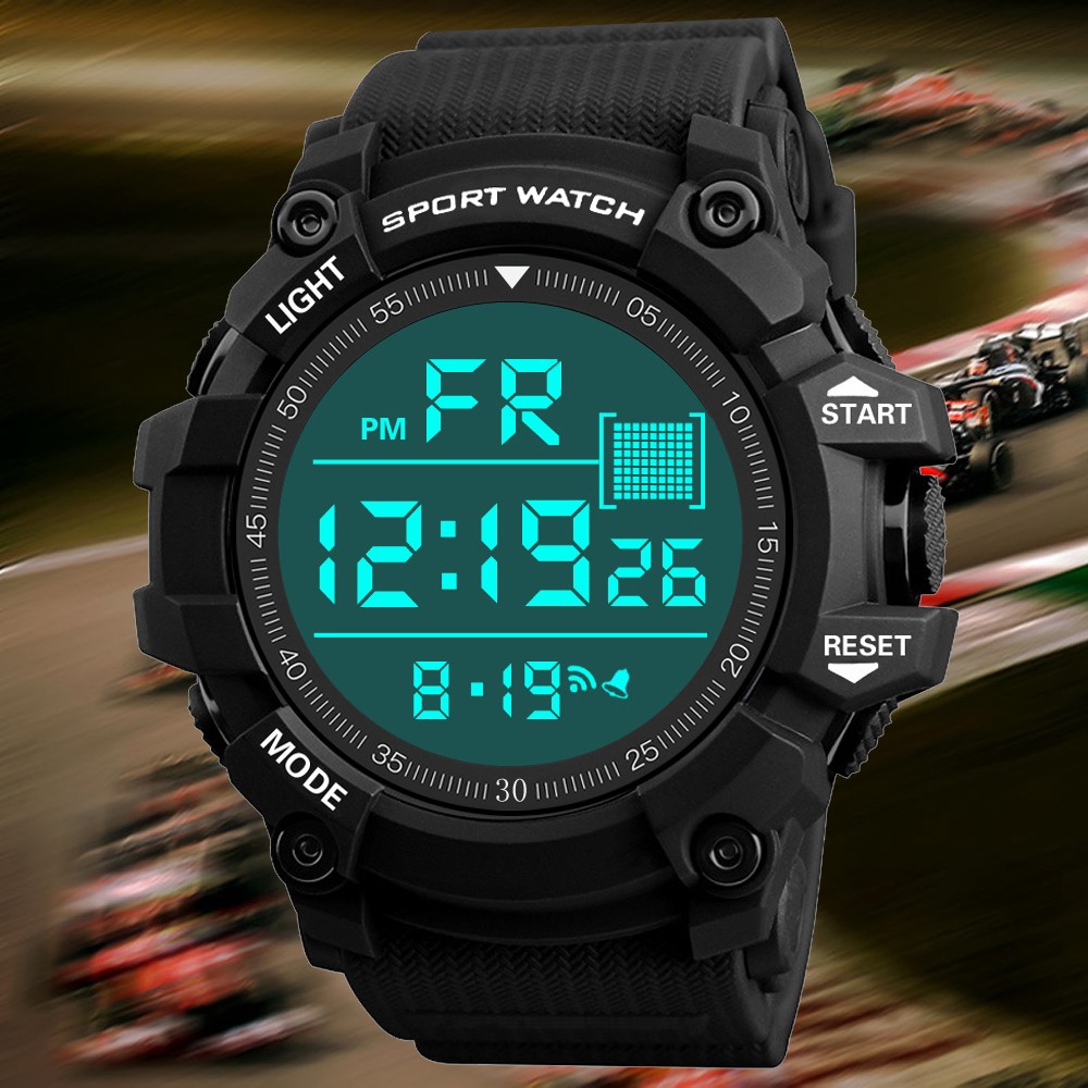 Đồng hồ đeo tay thể thao dây cao su màn hình kỹ thuật số LCD có hiện ngày đếm ngược thời trang chống thấm nước cho nam