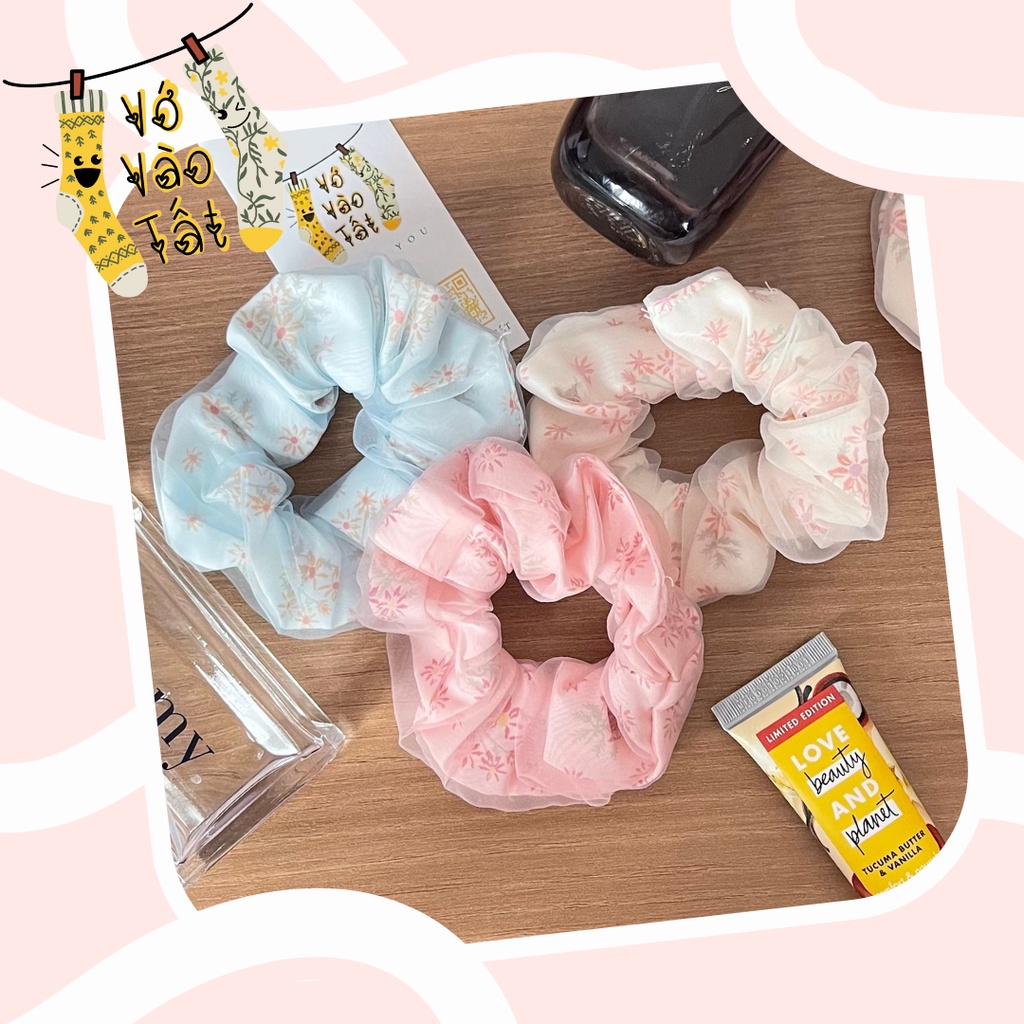 [quà tặng] Đồ buộc tóc scrunchies 2 lớp voan hoa