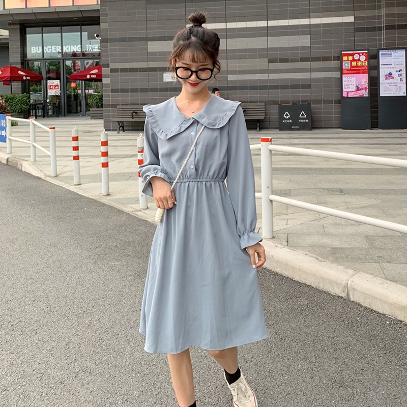 🌸Xả Có Hạn🌸Đầm Xanh Tay Dài Phối Cúc Xinh Xắn Theo Phong Cách Hàn Quốc