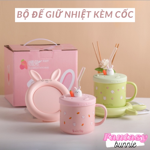 Đế làm nóng giữ nhiệt đồ uống Rabbit tặng kèm cốc, giữ ấm nước ở 55 độ trang trí decor phòng, dễ thương