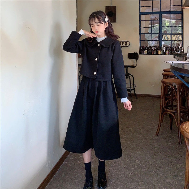 Bộ Áo Khoác Dáng Ngắn + Chân Váy Eo Cao Dáng Dài Qua Gối Trẻ Trung Phong Cách Hàn Quốc