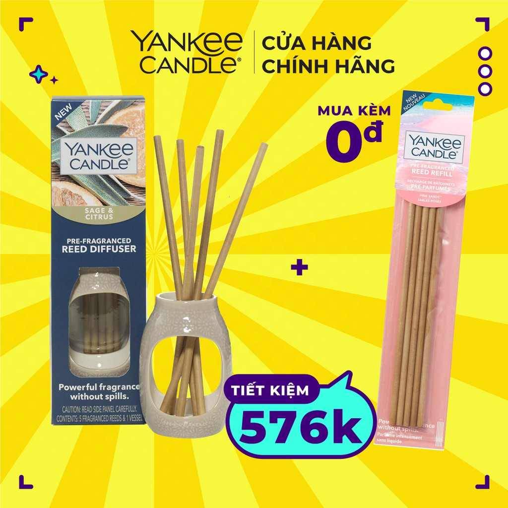 Tinh dầu tán hương dạng thanh Yankee Candle - Sage & Citrus (gồm lọ và 5 thanh tán hương)