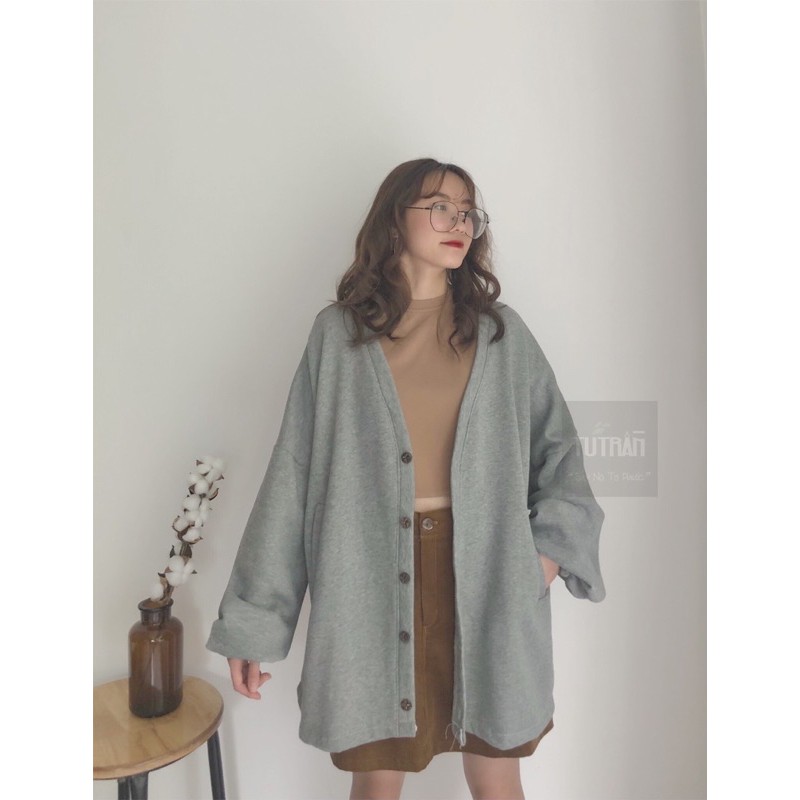 Cardigan nỉ bông chun tay cúc gỗ ( Ảnh Thật )