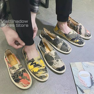 Slip on - Giày lười vải nam cao cấp - Vải bố họa tiết sơn loang 3 màu xám xanh, vàng và cam - Mã SP 2928