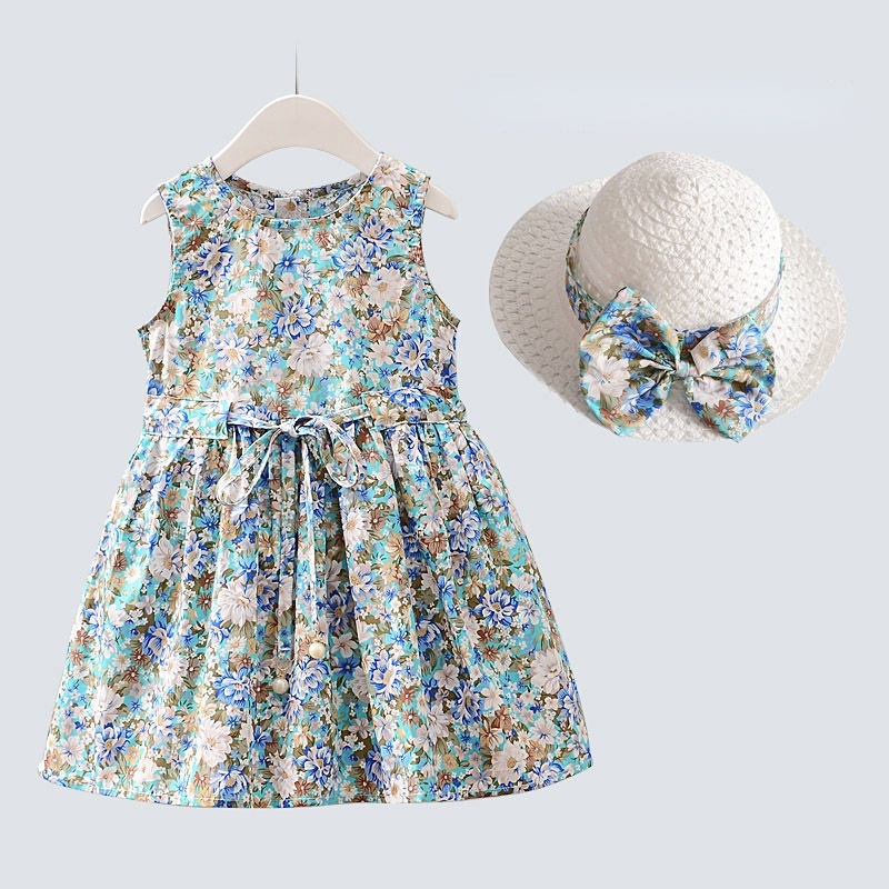 Đầm Công Chúa Không Tay In Hoa Bằng Vải Cotton Kèm Nón Dành Cho Bé Gái