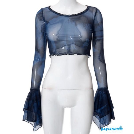 Áo Croptop Dài Tay Thiết Kế Nhún Bèo Thời Trang Cho Nữ