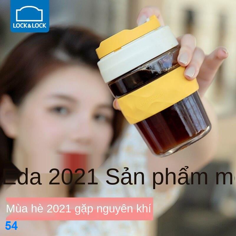 2021 ✕☃[Giá trị cao] LOCK & sức sống thủy tinh nữ cốc cà phê cầm tay mùa hè lưới màu đỏ trong uống nước