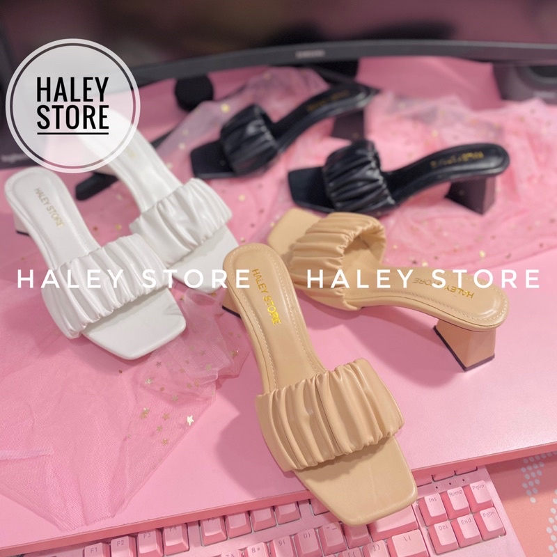 Giày Guốc nữ HALEY STORE bèo nhúm quai ngang mũi vuông gót vuông đi chơi tiệc du lịch tiểu thư thời trang rẻ bền đẹp