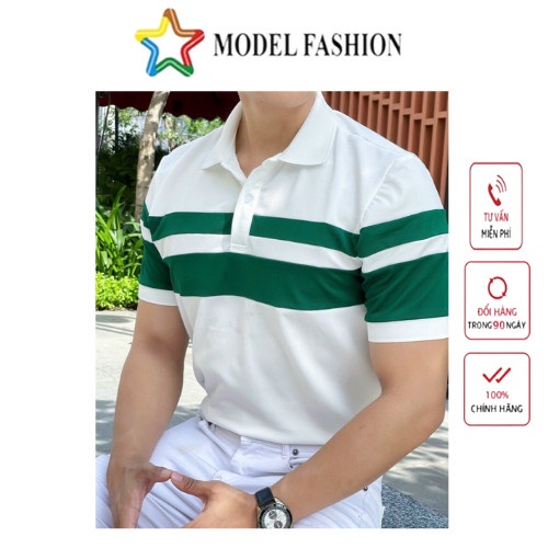 Áo thun polo nam nữ tay ngắn trắng sọc ngang xanh lá hàn quốc Model Fashion